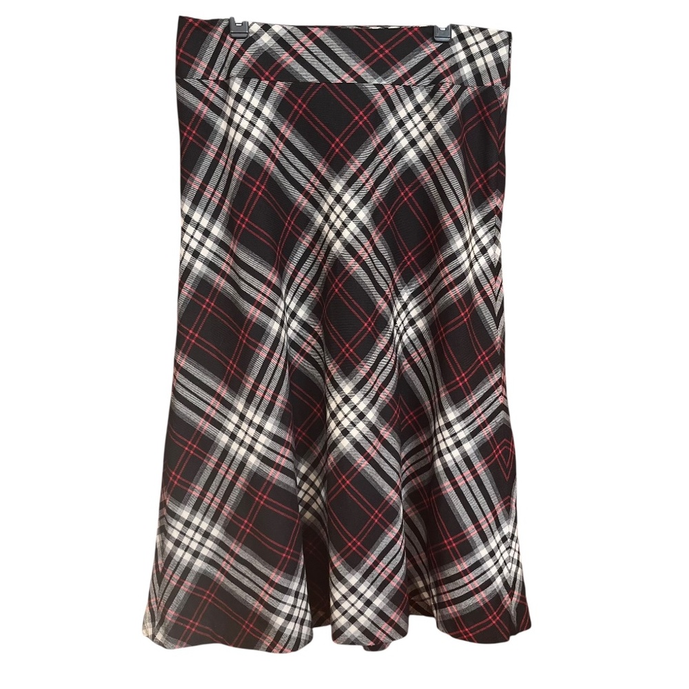 VTG Charter Club Black White Red Plaid Wool Blend A-Line Midi Skirt Size 14